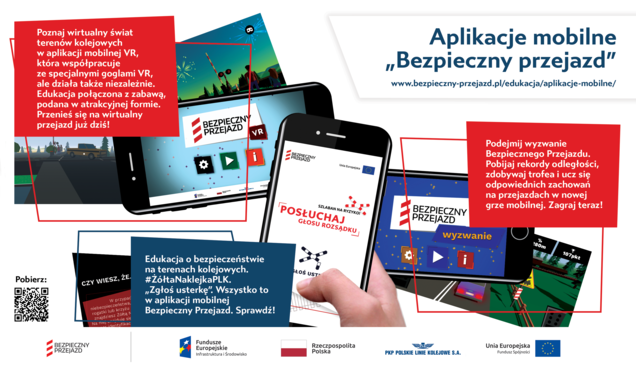 Grafika reklamowa aplikacji mobilnych kampanii. Trzy ekrany telefonów ze screenami aplikacji oraz hasła zachęcające do pobrania.