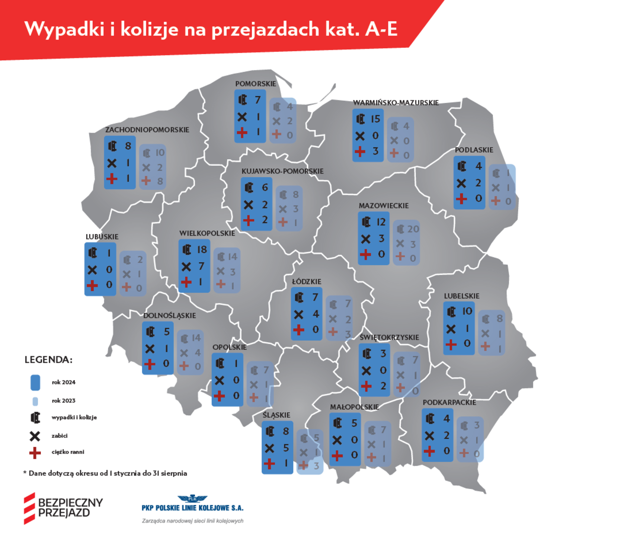 Mapa wypadków i kolizji na przejazdach kat. A do E w podziale na województwa