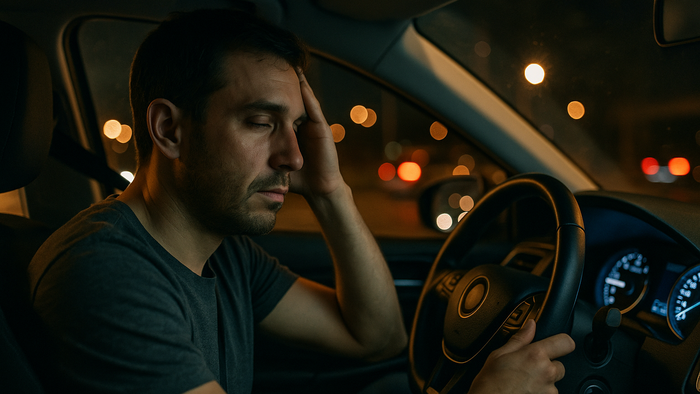 Kierowca trzyma się za głowę.