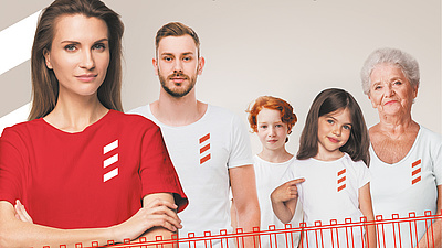 Grafika promocyjna nowej odsłony kampanii. Dwie kobiety, mężczyzna oraz dziewczynka i chłopiec w kampanijnych koszulkach.