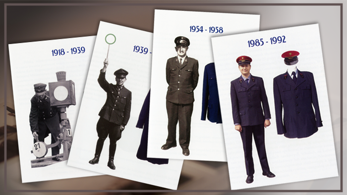 Obrazek z prezentacją mundurów kolejowych z różnych okresów.