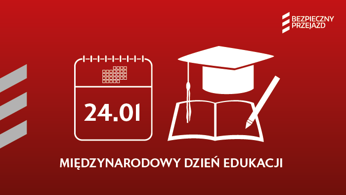 Grafika ikony kalendarza oraz zeszytu i studenckiego nakrycia głowy. Podpis Międzynarodowy dzień edukacji.
