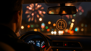 Widok z wnętrza samochodu na fajerwerki